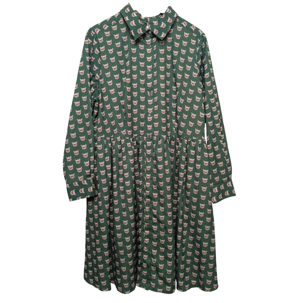 Anthropologie Hutch Cat Print Dress Long Sleeve 1X Librarian Quirky Whimsical